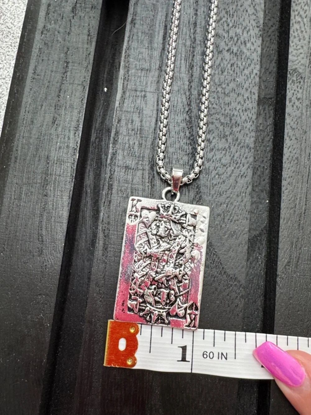 Men's Silver Skull King of Hearts Pendant Necklace - Card Design
